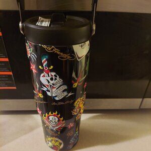 Ed Hardy Tattoo Graphic Art Tumbler W/ Lid & Handle